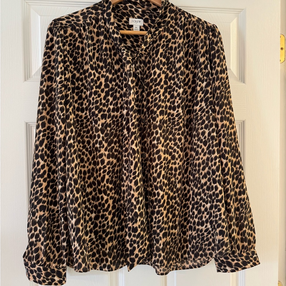 J. Crew Factory Black and Brown Leopard Print Blouse with Bow detail